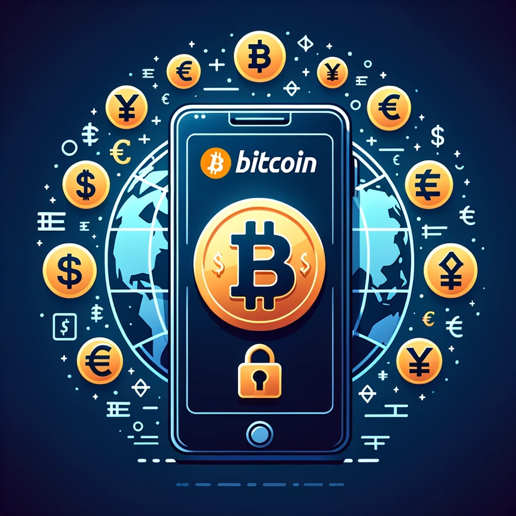 Conception vectorielle d'un smartphone affichant une application de portefeuille Bitcoin avec une icône de cadenas sécurisé dessus, placée sur un fond de divers symboles monétaires comme le dollar, l'euro, le yen, etc. L'image véhicule l'idée d'une accessibilité et d'une sécurité mondiales du Bitcoin.