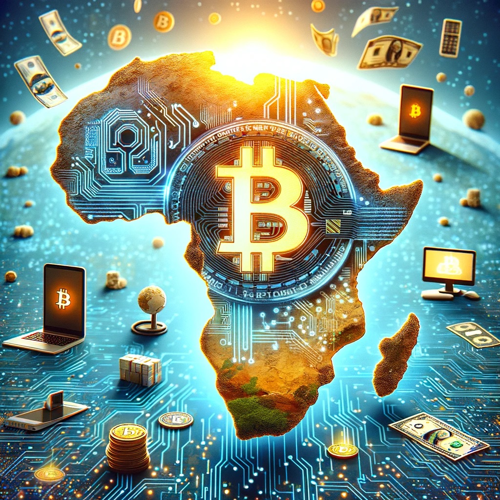 Un collage numérique représentant l'impact de Bitcoin en Afrique. Au centre, un symbole Bitcoin doré brille sur une carte stylisée de l'Afrique remplie de circuits, indiquant la propagation de la monnaie numérique. Autour de la carte, de petites icônes de smartphones, d'écrans d'ordinateurs et de billets de banque se transformant en pixels numériques illustrent le passage de la monnaie traditionnelle aux crypto-monnaies. L'arrière-plan est un dégradé de tons terreux au bleu cyberespace, symbolisant le mélange des paysages africains et de la révolution numérique. L'impression générale est futuriste et pleine d'espoir, destinée à un public intéressé par la finance et la technologie.