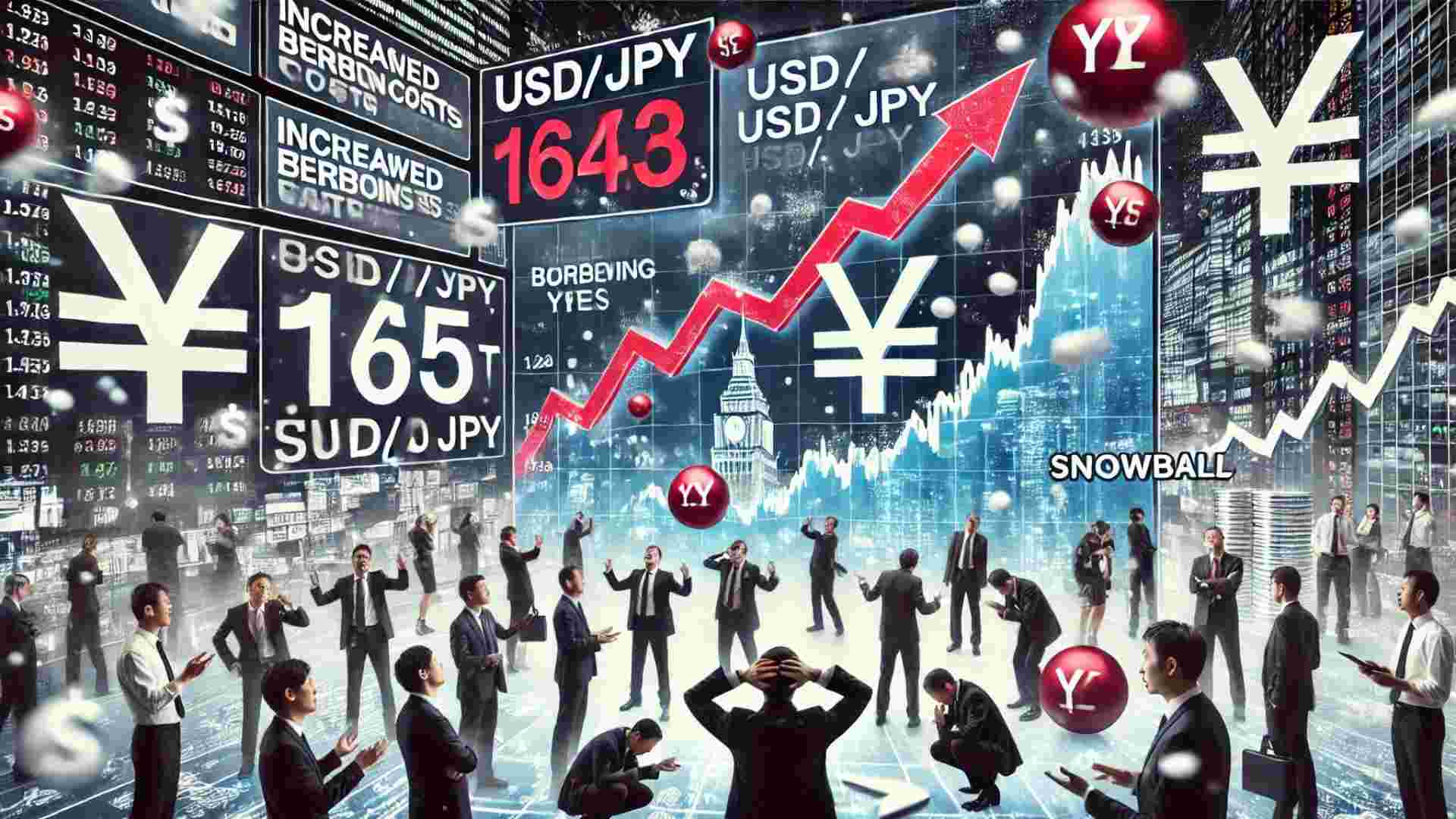 A financial market scene illustrating the impact of rising interest rates on the Yen. The background shows a bustling stock exchange with digital screens displaying currency rates, highlighting USD/JPY plummeting from 162 to 145. In the foreground, traders are shown reacting with concern, some selling assets and others buying Yen. The image also features visual elements representing increased borrowing costs and the strength of the Yen, such as arrows pointing up for Yen value and down for borrowing activity. A snowball effect is depicted with a cascading series of financial charts. The overall tone is serious and dynamic, capturing the volatility and high stakes of the situation.