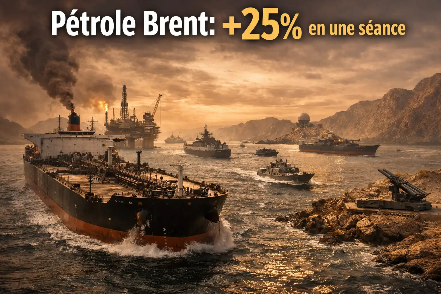 Pétrolier traversant le détroit d'Ormuz sous tension militaire avec navires de guerre et plateforme pétrolière en feu — pétrole Brent +25 % le 9 mars 2026