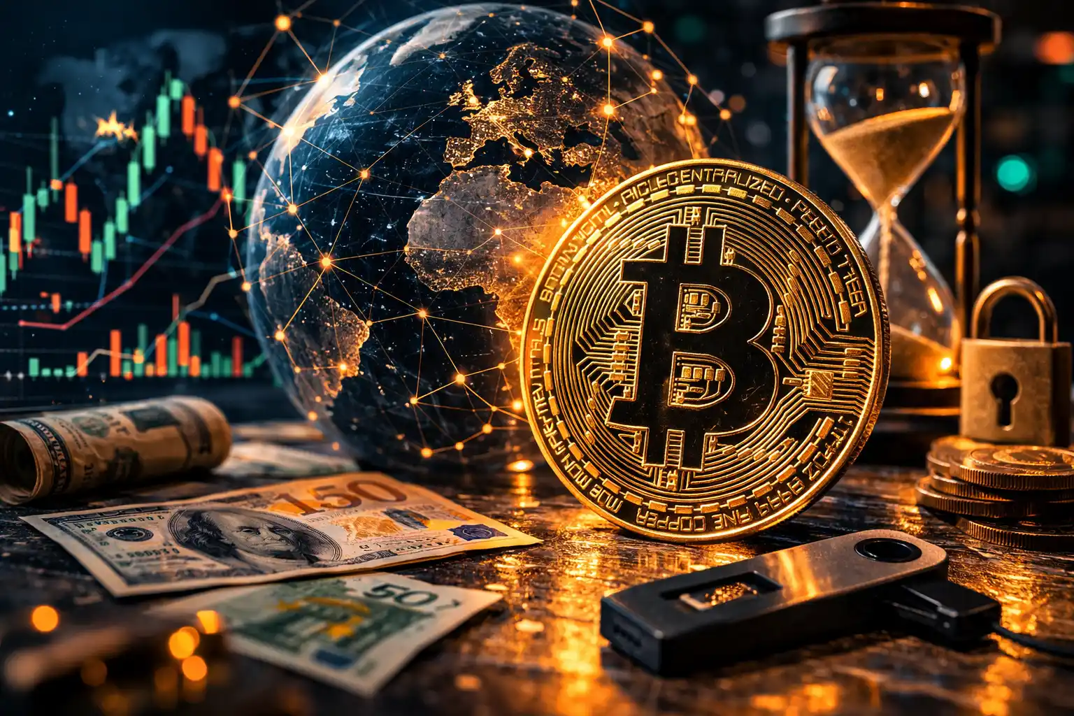 Représentation visuelle de Bitcoin, cryptomonnaie décentralisée à offre limitée de 21 millions d'unités