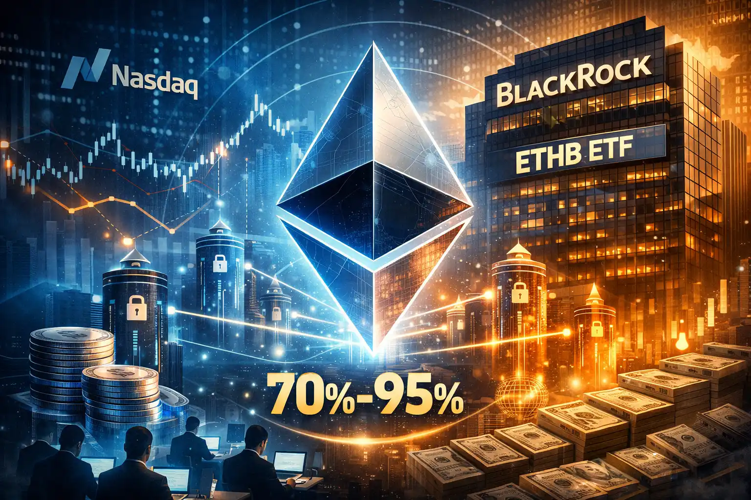 Illustration représentant l’ETF Ethereum ETHB de BlackRock avec le logo Ethereum au centre, des graphiques financiers et une référence au staking de 70 à 95 % des ETH détenus par le fonds.