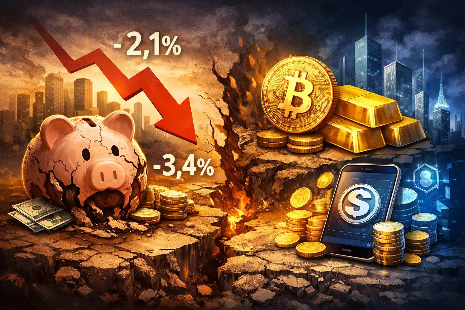 Illustration comparant l'érosion de l'épargne traditionnelle par l'inflation à gauche (tirelire fissurée, rendement négatif) et les alternatives patrimoniales à droite (Bitcoin, lingots d'or, stablecoins)