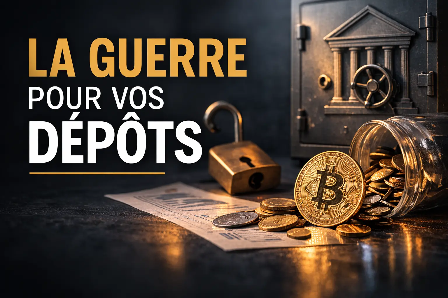 Bâtiments de grandes banques américaines face au logo des cryptomonnaies — lobbying contre les stablecoins