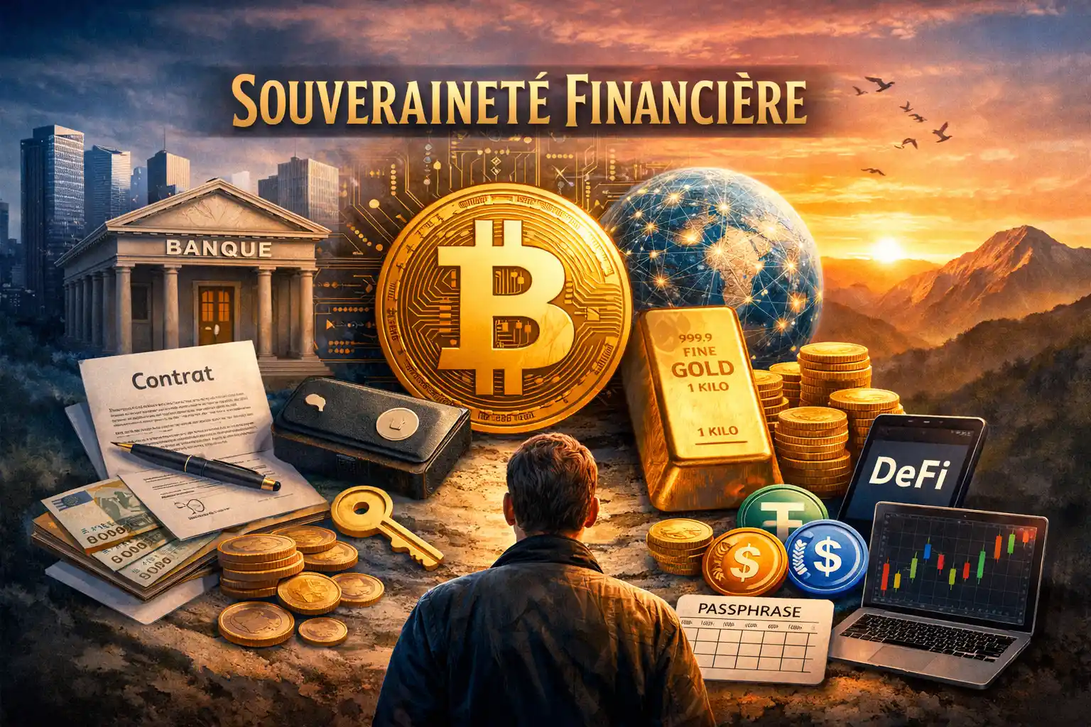 Illustration souveraineté financière : un homme contemple les outils de gestion de capital (Bitcoin, DeFi, or physique, banque traditionnelle) au lever du soleil