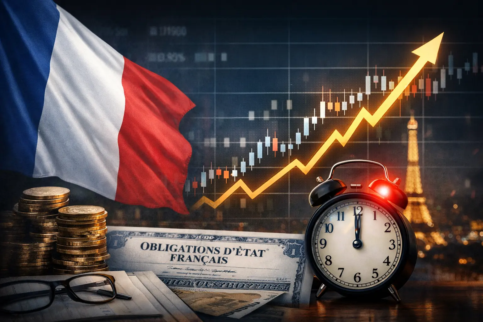 Illustration de la hausse des taux de la dette française avec un graphique ascendant, le drapeau français et des obligations d’État symbolisant la pression sur les finances publiques.