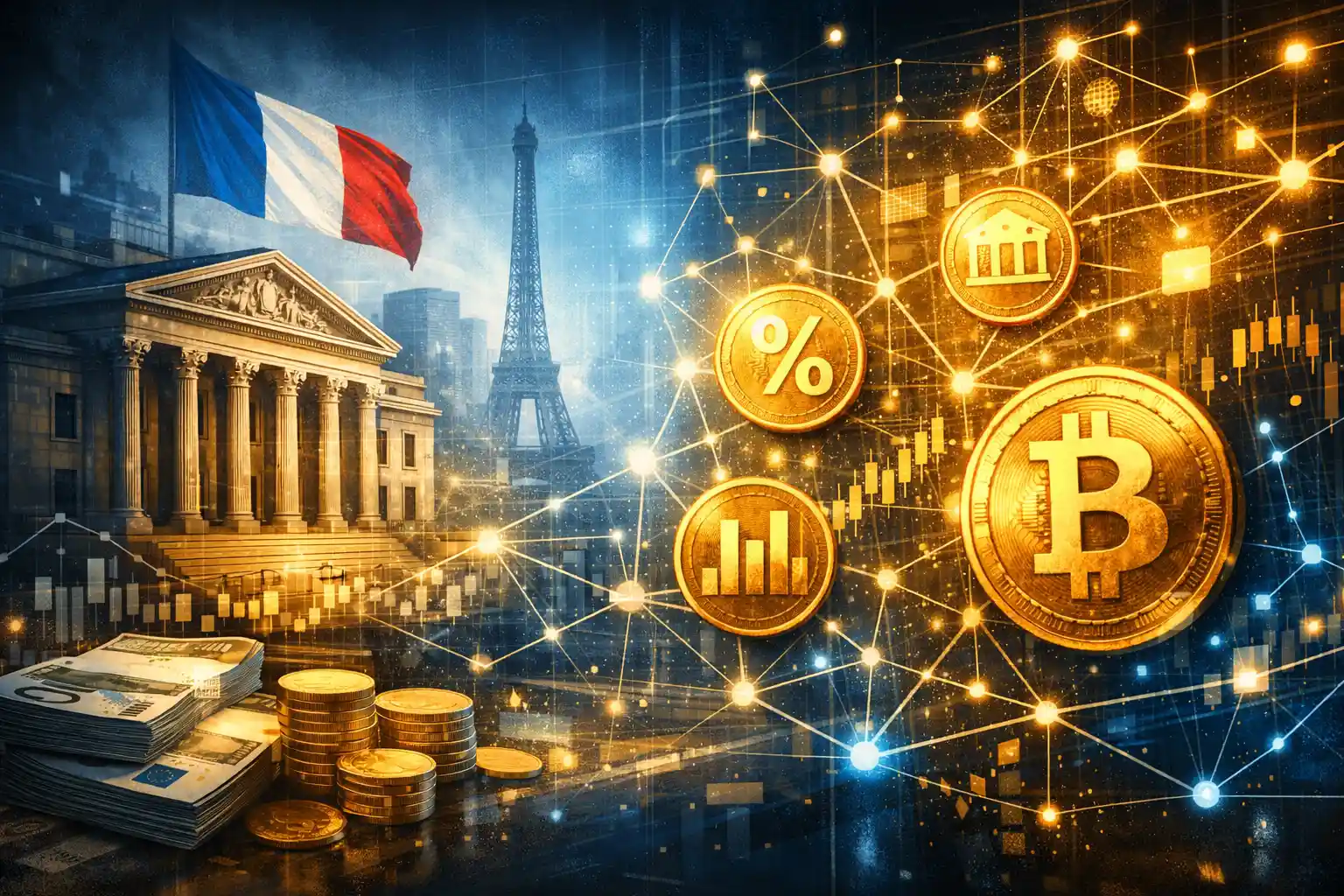 Illustration tokenisation de la finance en France avec drapeau français, bâtiment institutionnel, billets euro et réseau blockchain