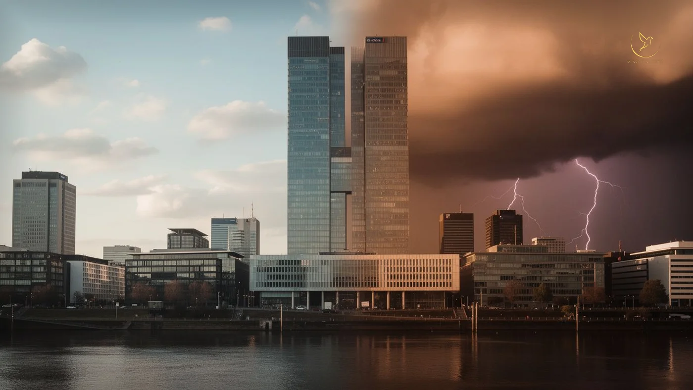 Tour Eurotower BCE Frankfurt sous ciel divisé calme/orage symbolisant la fracture entre consensus économistes et tensions du marché obligataire avant la décision BCE du 30 avril 2026