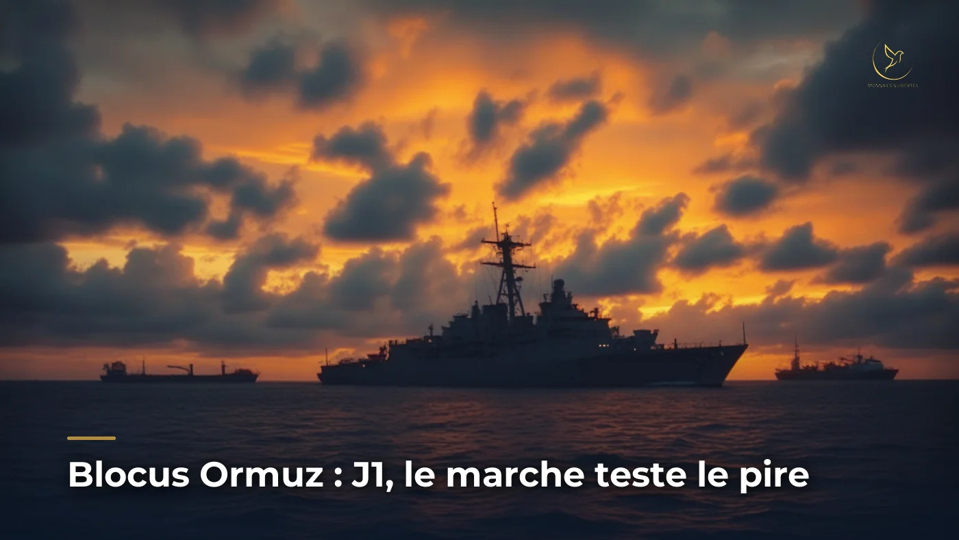 Destroyer US en patrouille au crepuscule pres du detroit d'Ormuz, petroliers a l'horizon