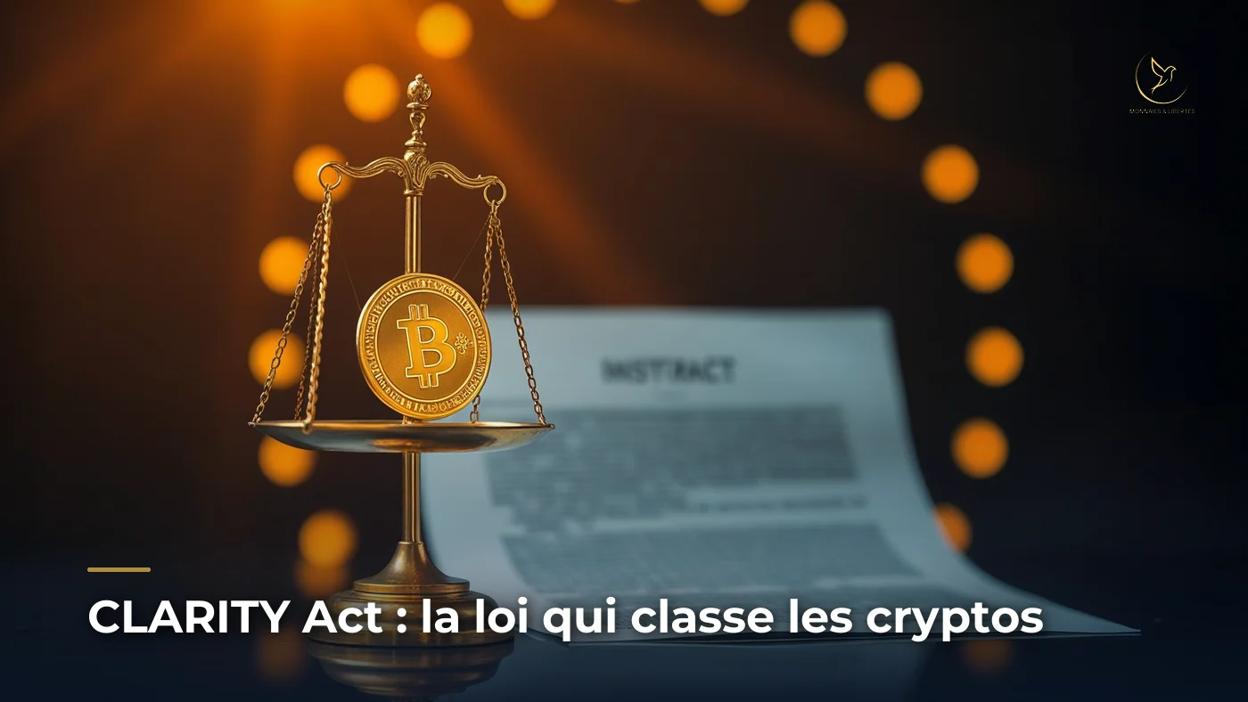 Balance justice entre security et commodity, symbolisant la classification des cryptomonnaies par le CLARITY Act