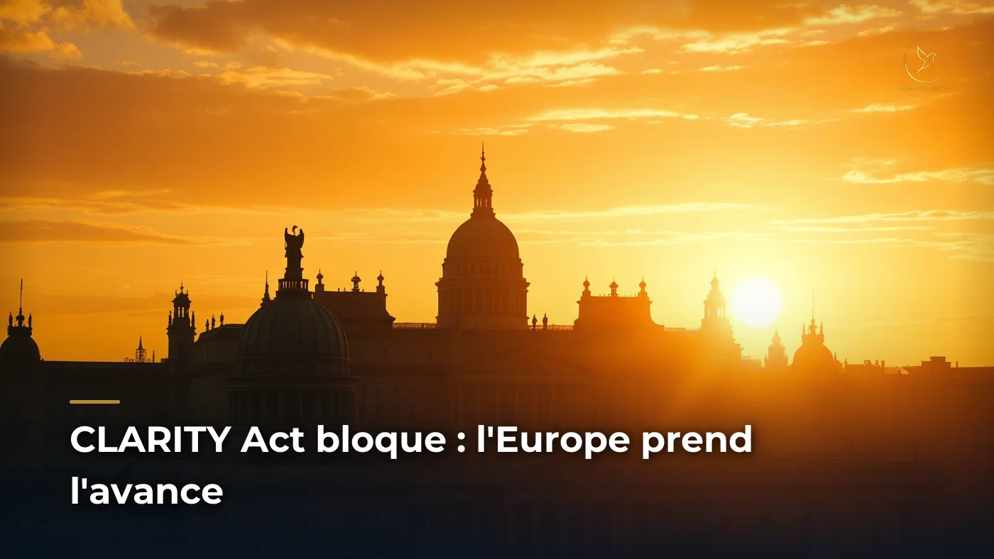 Lever de soleil doré sur les institutions européennes, silhouette du Capitole américain dans l'ombre. Illustration conceptuelle du différentiel d'avancée réglementaire crypto entre Washington et Bruxelles.