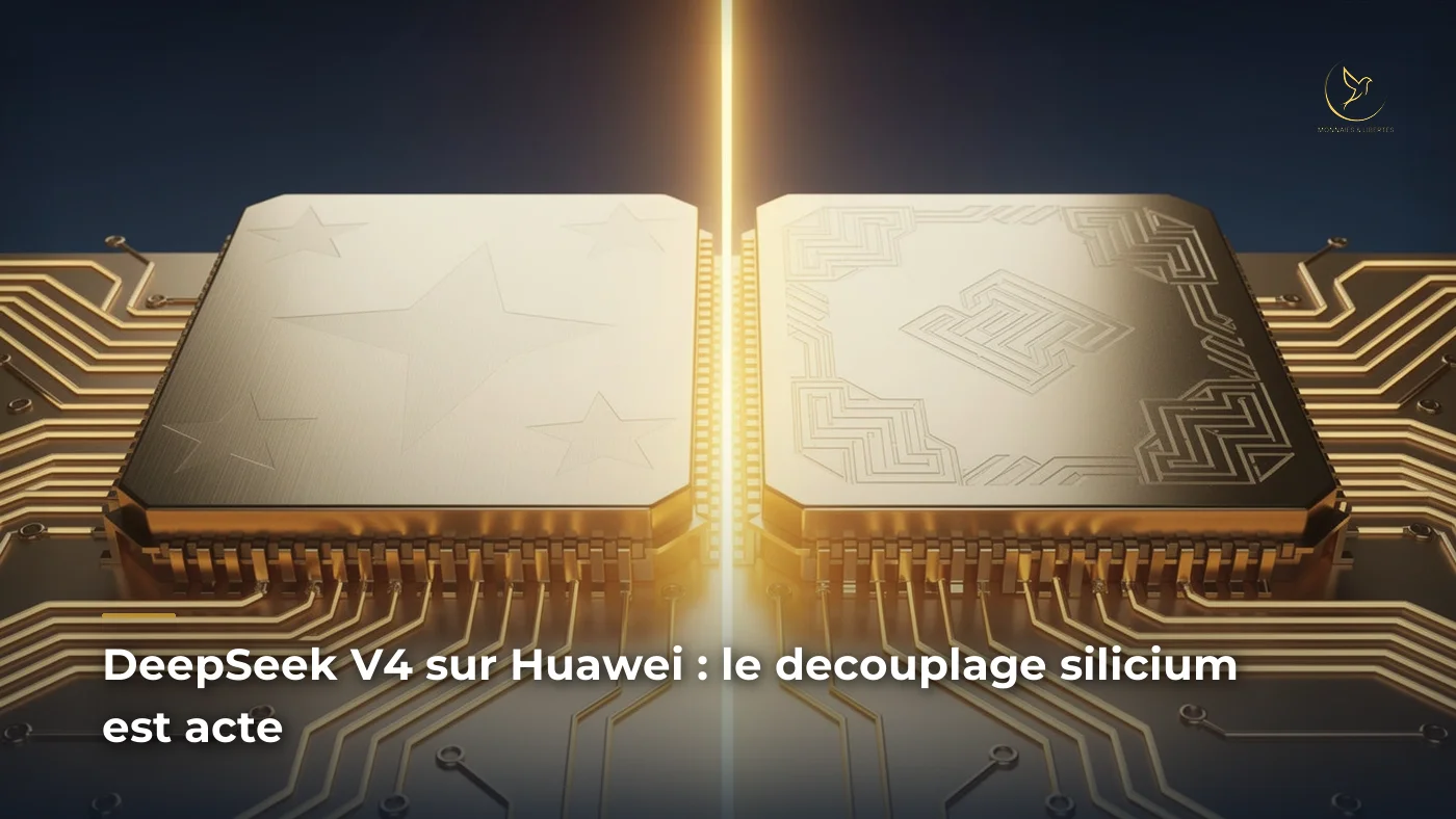 Deux microprocesseurs face à face séparés par un faisceau doré : découplage silicium États-Unis Chine, illustration éditoriale.