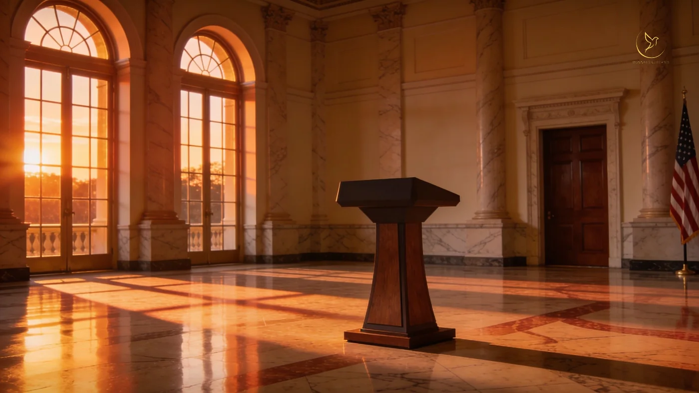 Pupitre présidentiel vide en lumière dorée, transition Federal Reserve