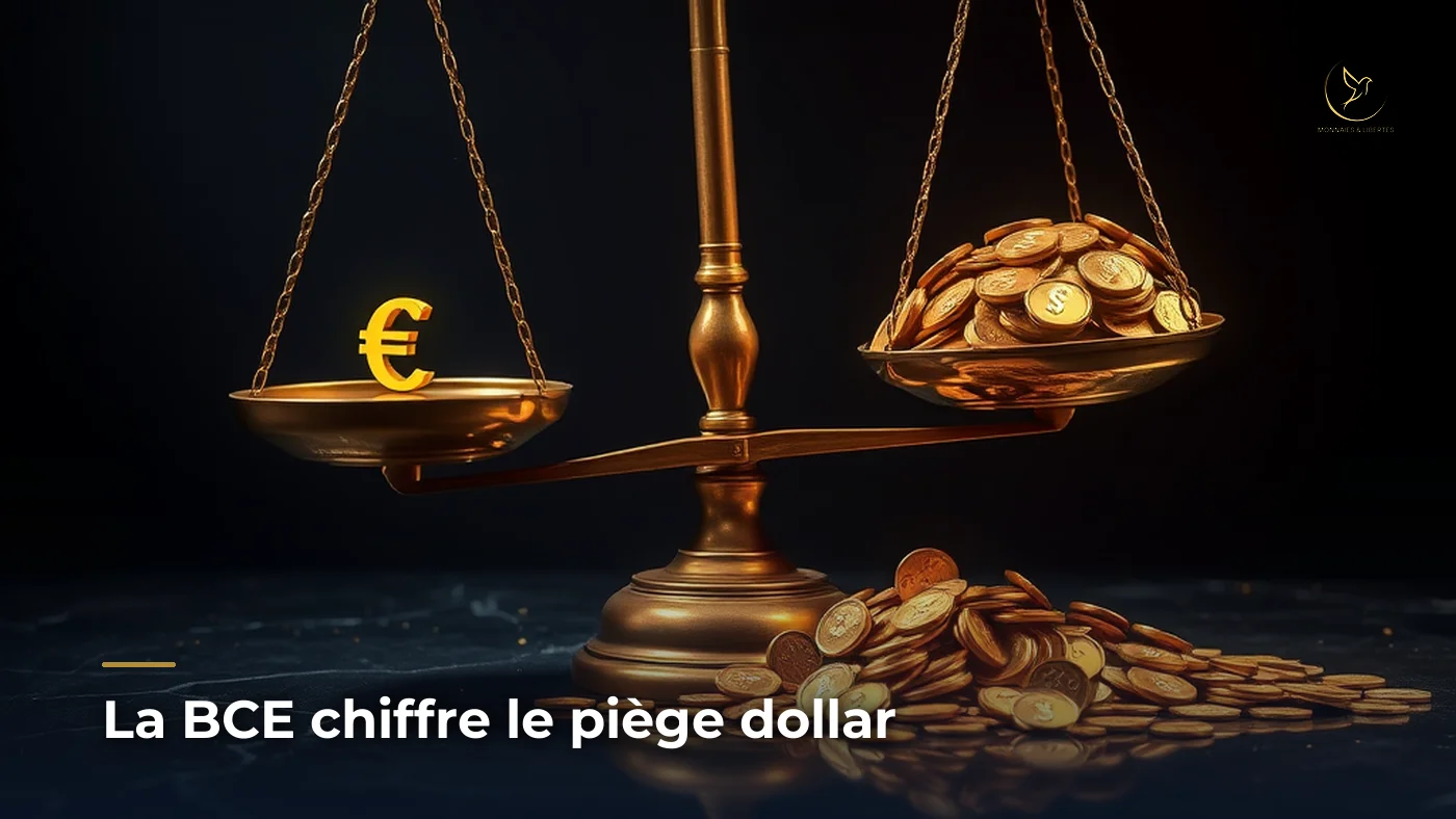 Balance asymétrique avec un symbole euro isolé face à une cascade de pièces dollar débordantes, illustrant la domination du dollar sur le marché des stablecoins