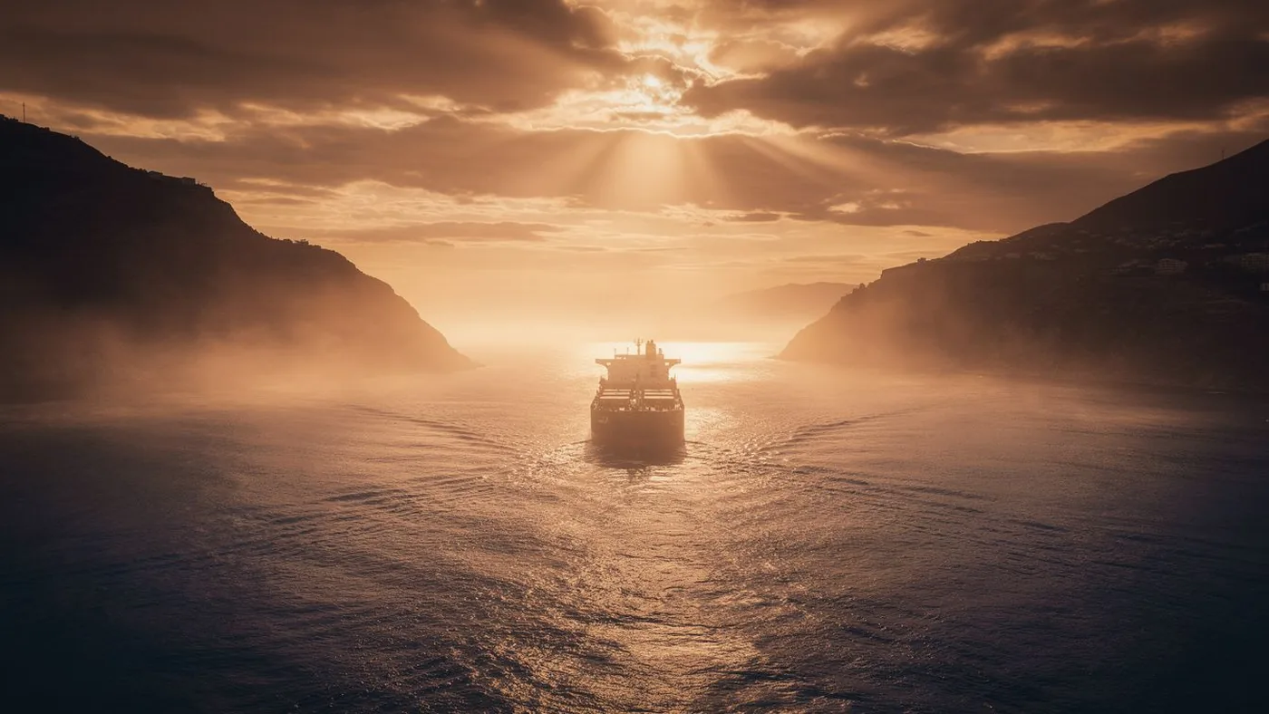 Vue cinématographique du détroit d'Ormuz au crépuscule avec un pétrolier traversant le passage entre deux falaises sous un ciel embrasé, illustrant la tension diplomatique entre l'Iran et les États-Unis sur la crise du pétrole