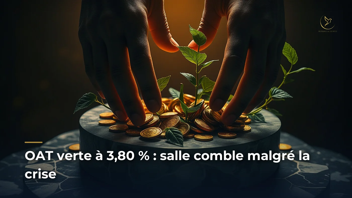 Illustration conceptuelle de l'emission de l'OAT verte 2037 par l'Agence France Tresor, symbolisant la dette souveraine francaise
