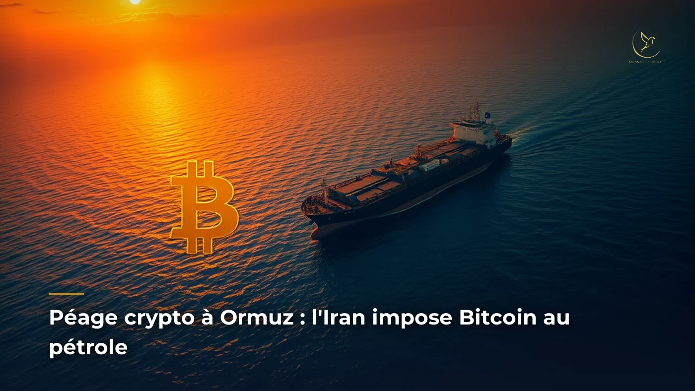 Pétrolier dans le détroit d Ormuz au coucher du soleil avec symbole Bitcoin doré, illustration article péage crypto Iran