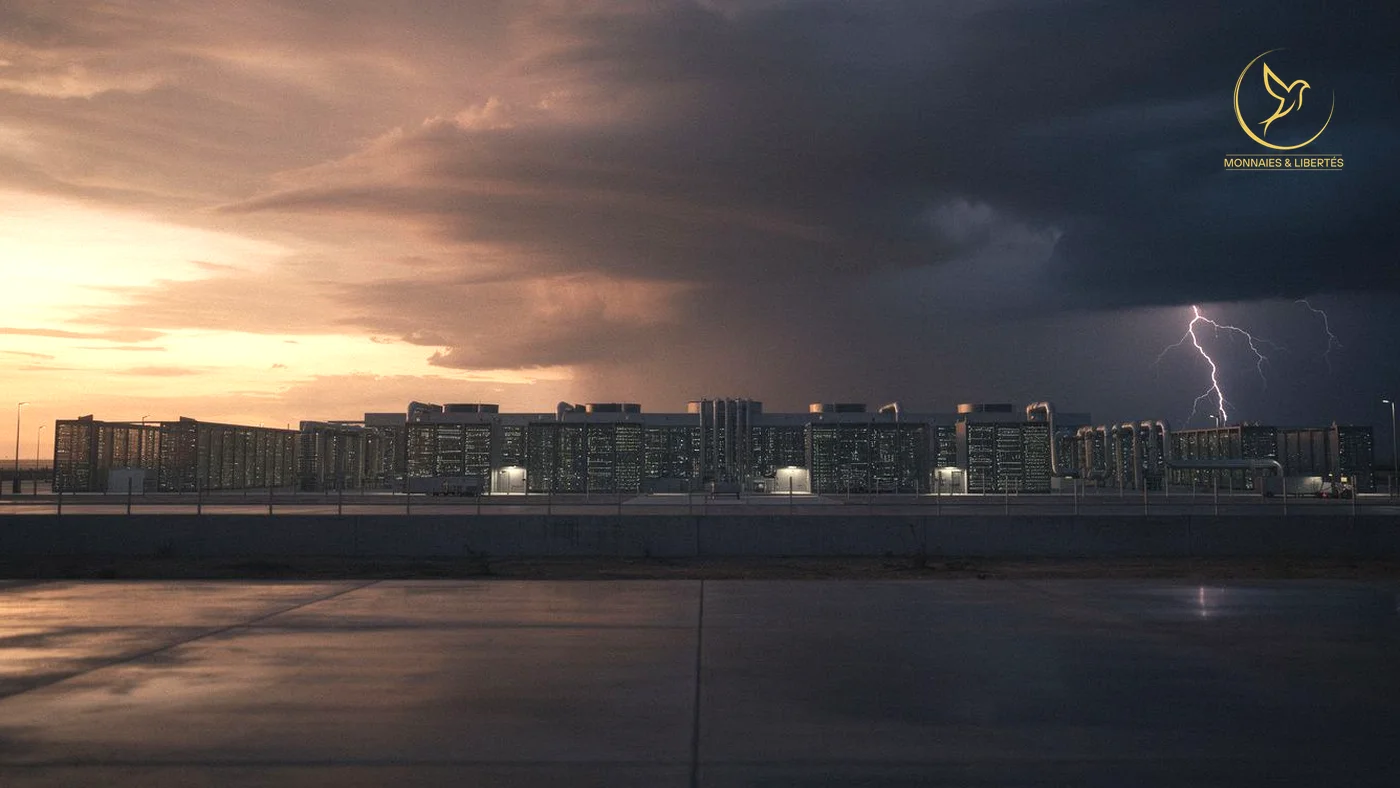 Vue cinématique d un data center hyperscale au crépuscule, ciel scindé entre couchant ambre et orage navy avec éclair distant, illustrant le paradoxe Big Tech Q1 2026 capex record sanction marché