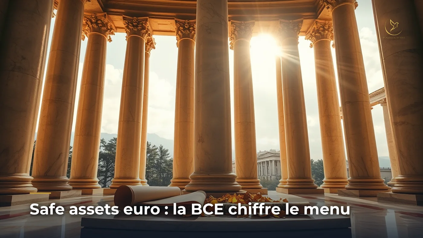 Safe assets euro : la BCE chiffre le menu - colonnes de marbre europeennes baignees de lumiere doree, central pillar incomplet