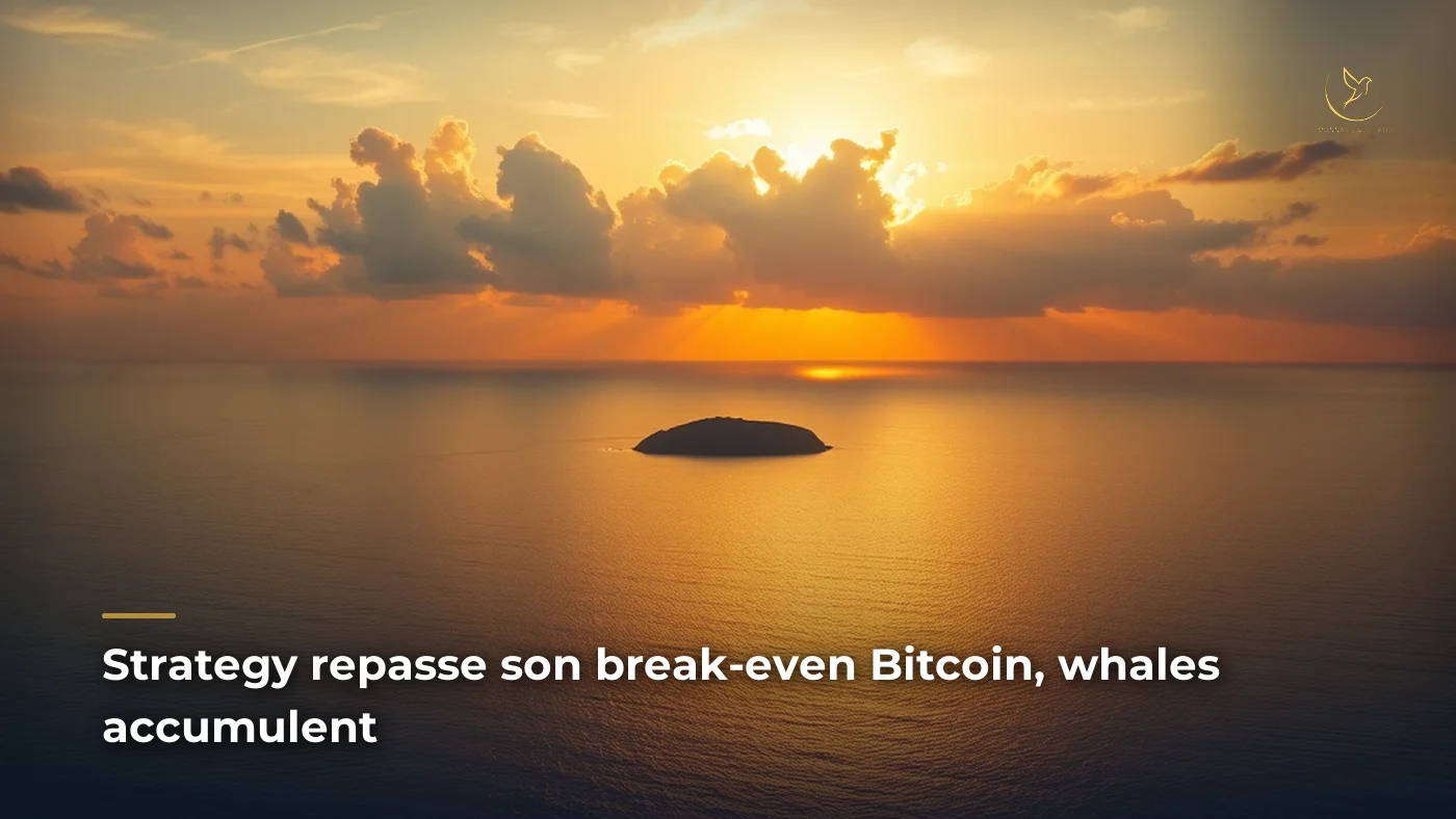Aube doree sur la mer avec un ilot silhouette a l'horizon, metaphore de l'accumulation Bitcoin avant l'emergence