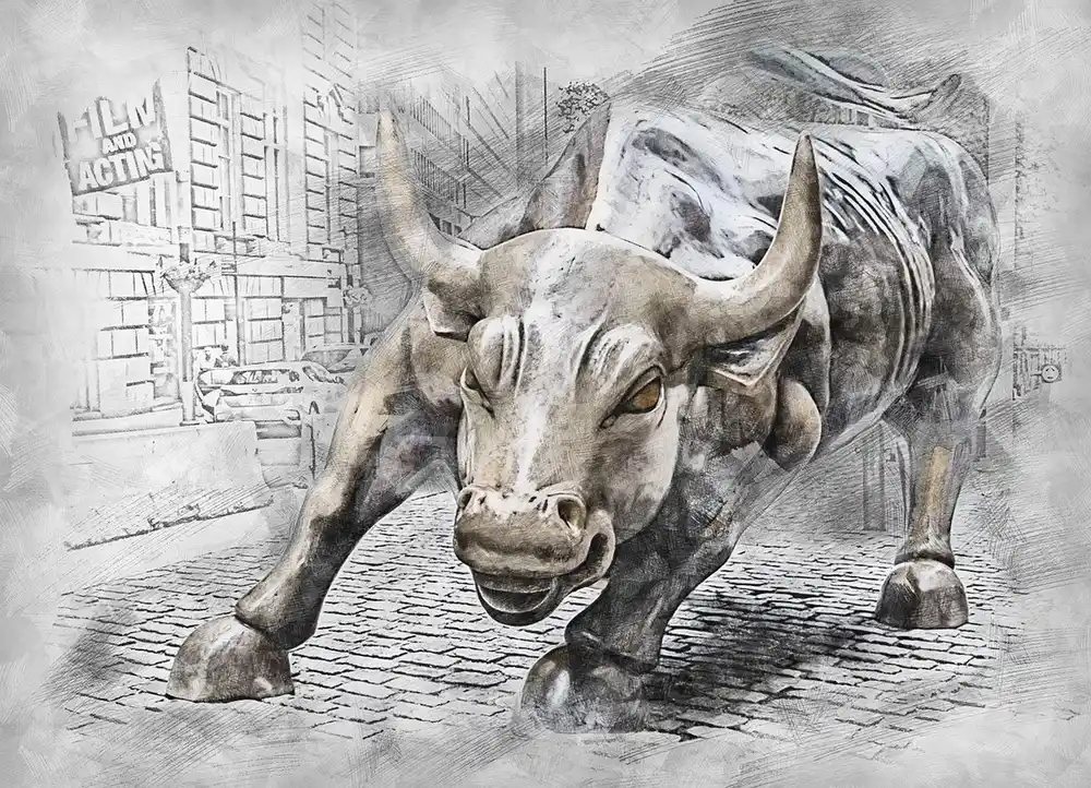 Le taureau de Wall Street, symbole de la finance traditionnelle qui entre dans Bitcoin avec l'ETF MSBT de Morgan Stanley