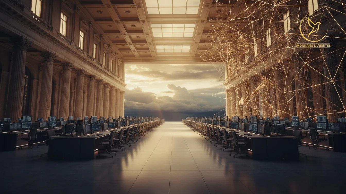 Salle de marche institutionnelle face a reseau de noeuds on-chain au crepuscule, illustrant la valorisation Anthropic a 1 000 milliards sur Forge Global et Jupiter Prestocks
