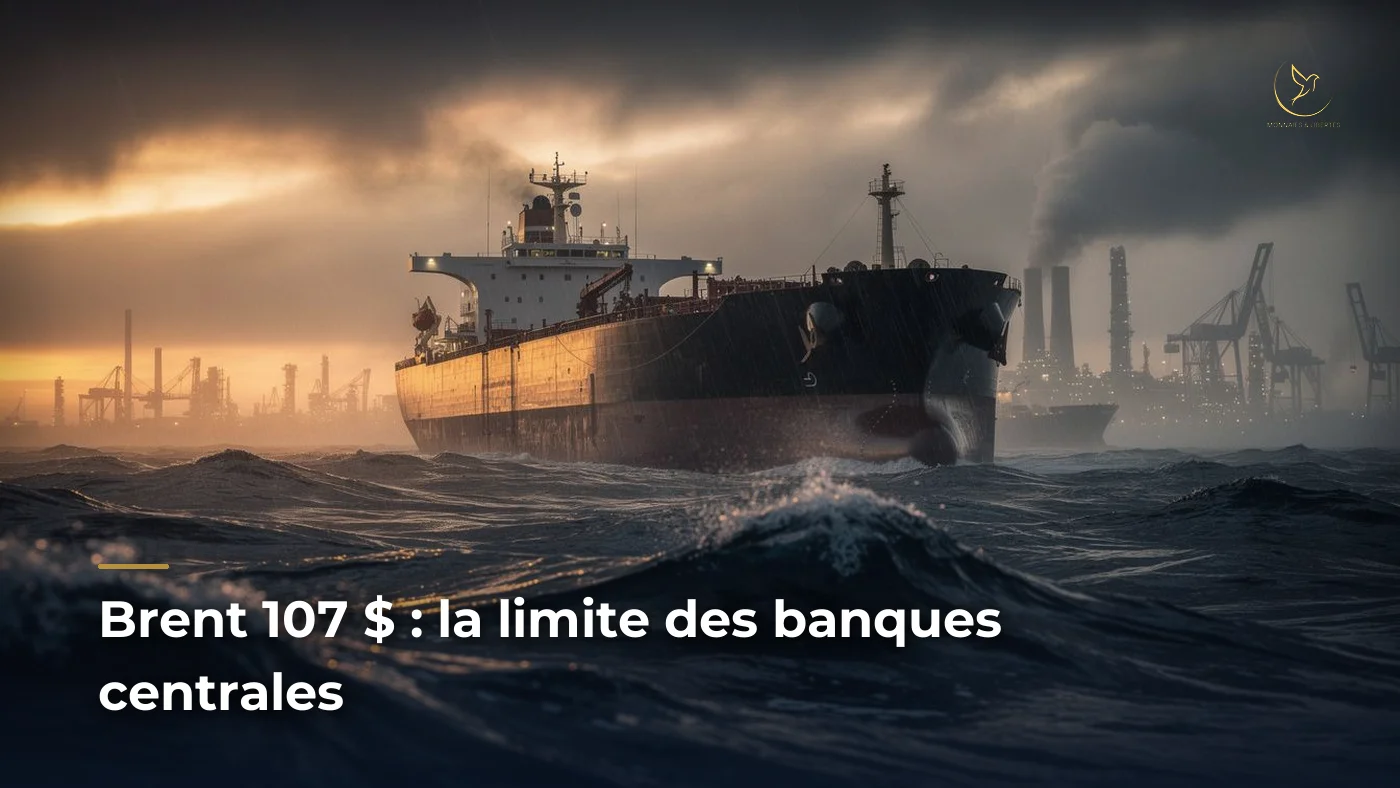 Petrolier traversant des eaux sombres a l'aube avec raffinerie en arriere-plan, illustration de la tension geopolitique sur le Brent a 107 dollars