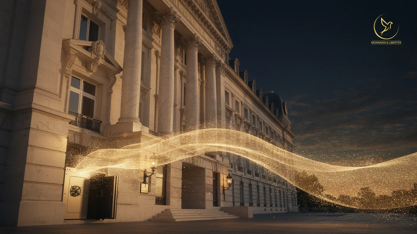 Façade institutionnelle française avec flux doré symbolisant la chaîne assurance-vie vers OAT et financement de la dette publique