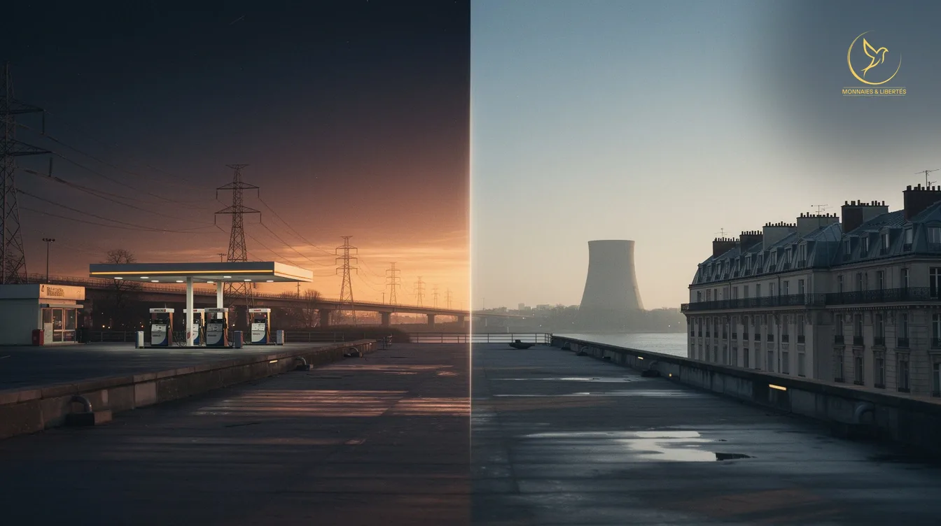 Composition transatlantique cinematique : station-service americaine et toits parisiens face a une tour de refroidissement nucleaire, evoquant la divergence d'architecture energetique entre les deux economies en avril 2026