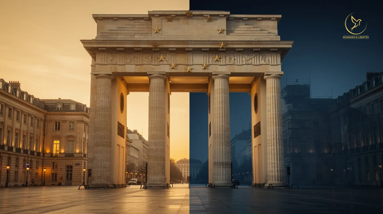Portique monumental européen au crépuscule, frontière entre espace européen illuminé et territoire fermé bleu sombre, symbolisant le verrou territorial du 20e paquet de sanctions