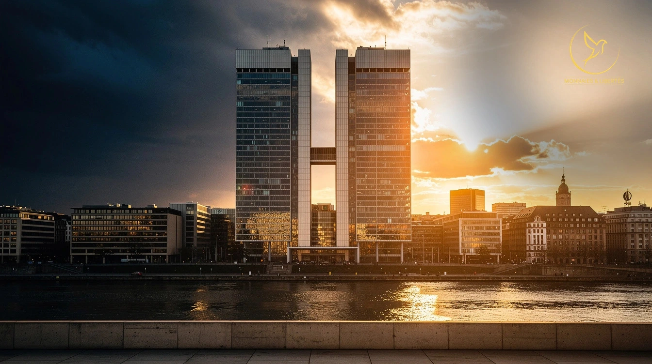 Eurotower de la BCE à Francfort au crépuscule, ciel scindé entre tempête navy et lumière ambrée dorée