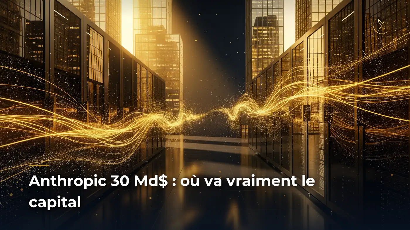 Vue cinematographique d'un capital qui transite par des chaines lumineuses vers une infrastructure de calcul