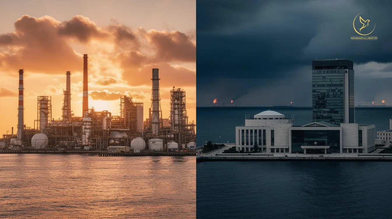 Photographie cinématique d'un horizon Atlantique divisé : raffinerie industrielle américaine baignée de lumière dorée au lever du jour à gauche, bâtiment institutionnel européen sous orage navy à droite, lueurs de raffineries du Moyen-Orient au loin sur la ligne d'horizon