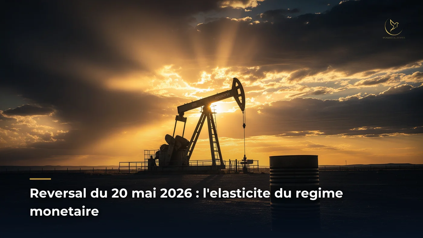 Reversal du 20 mai 2026 : l’élasticité du régime monétaire révélée Derrick pétrolier au crépuscule, ciel chiaroscuro navy et or, baril en lumière