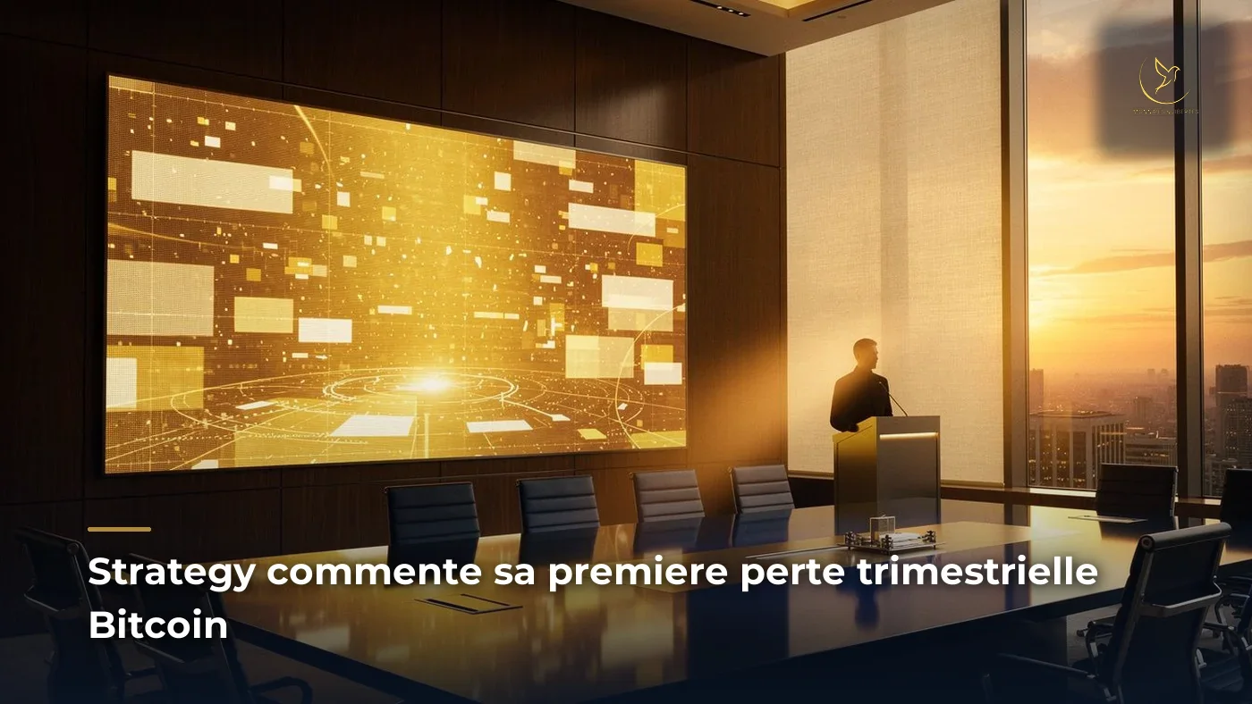 Salle de reunion Wall Street au coucher du soleil avec ecran financier amber et silhouette executive au podium - Strategy Q1 2026 perte Bitcoin