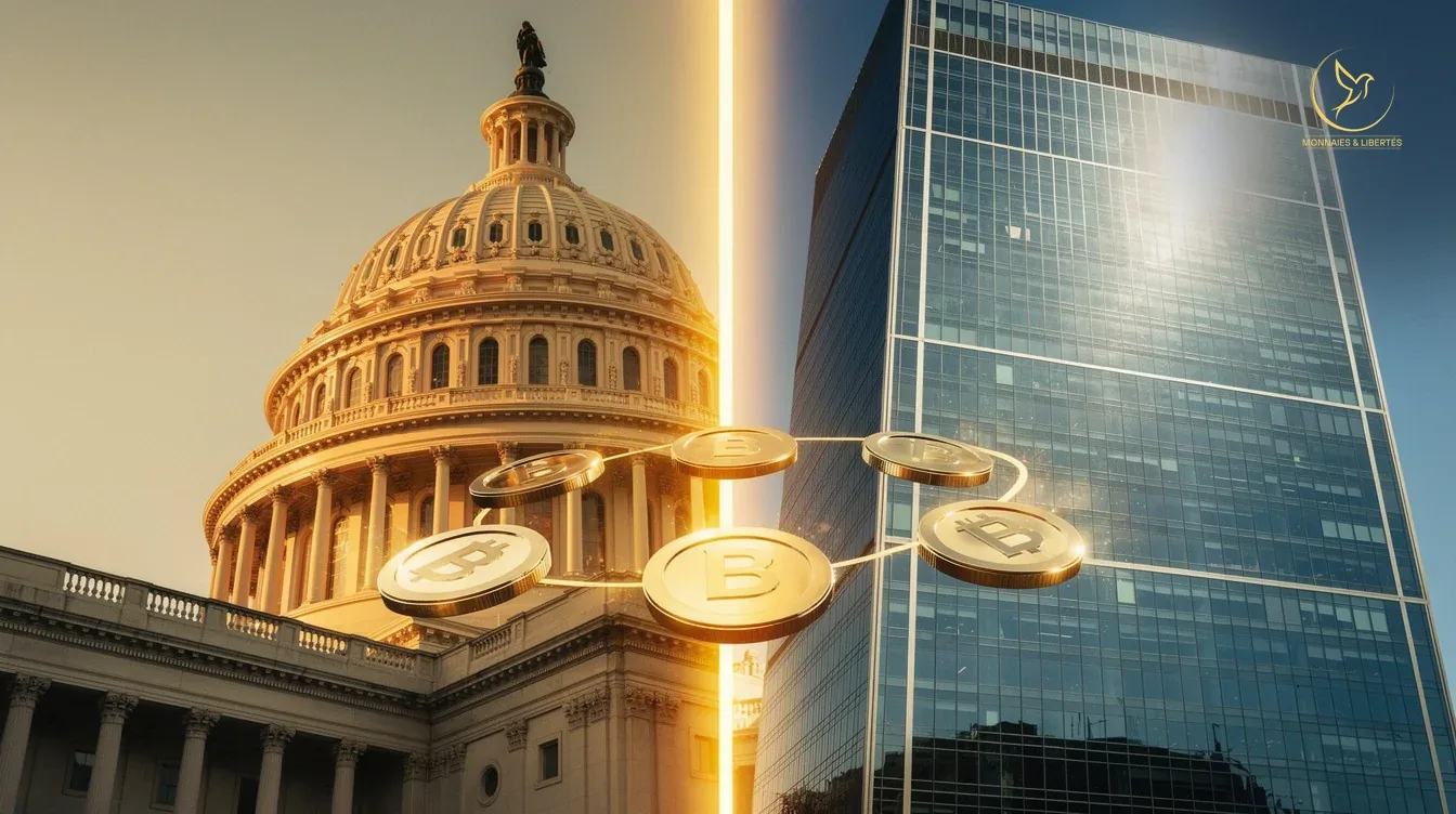 Coupole Capitole et tour bancaire Wall Street avec stablecoins centraux