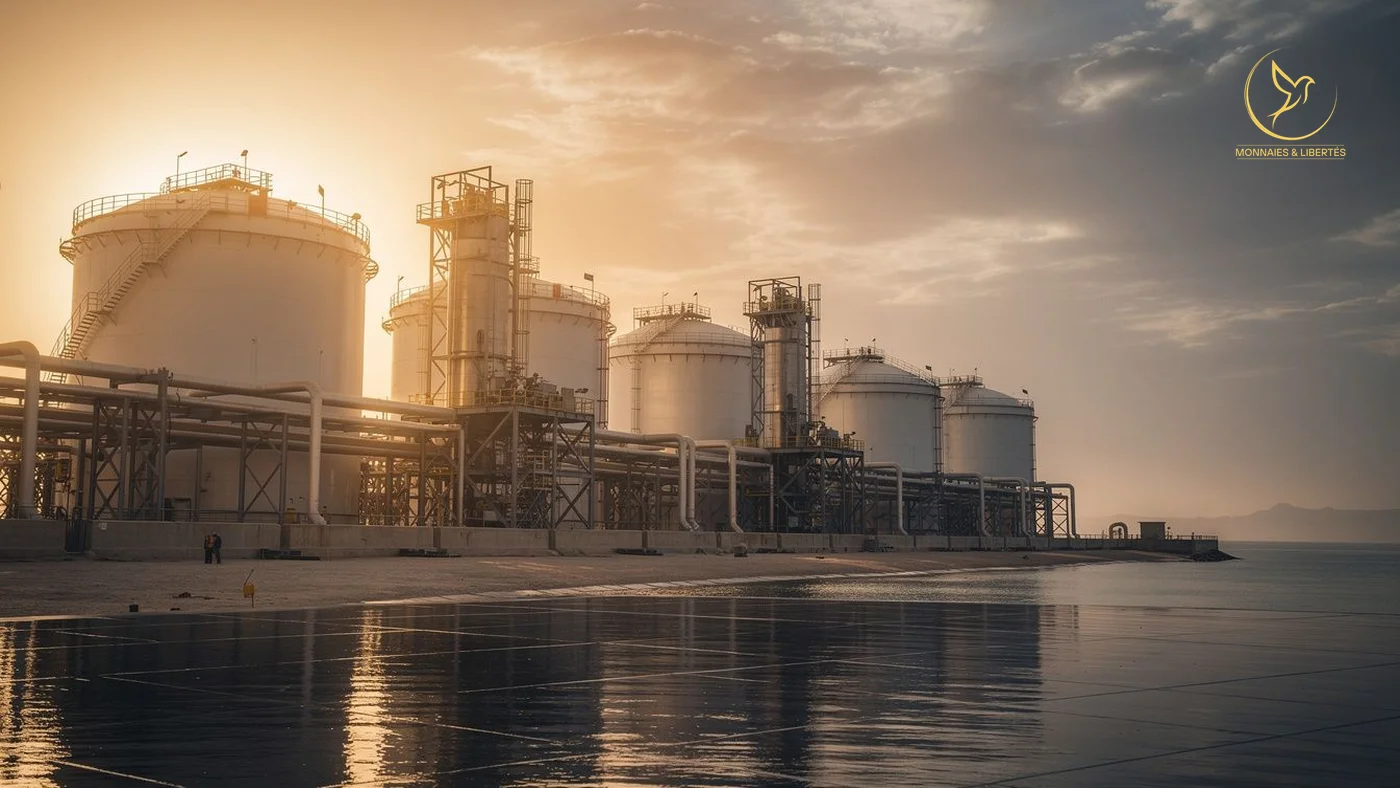 Terminal pétrolier du golfe Persique au lever du soleil, ciel partagé entre lumière dorée et nuages se dissipant -- illustration sortie UAE de l'OPEP et expiration War Powers Resolution sur les opérations militaires américaines en Iran le 1er mai 2026