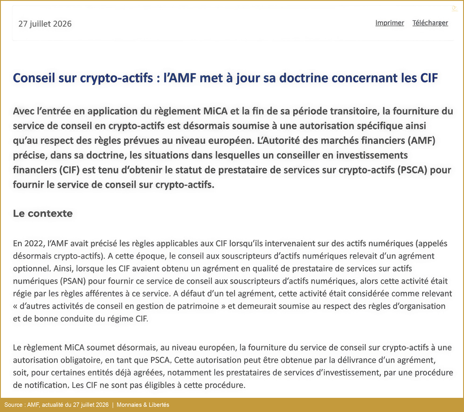Capture de l'actualité de l'AMF du 27 juillet 2026 indiquant que la fourniture du service de conseil en crypto-actifs est soumise à une autorisation spécifique et que les CIF ne sont pas éligibles à la procédure de notification