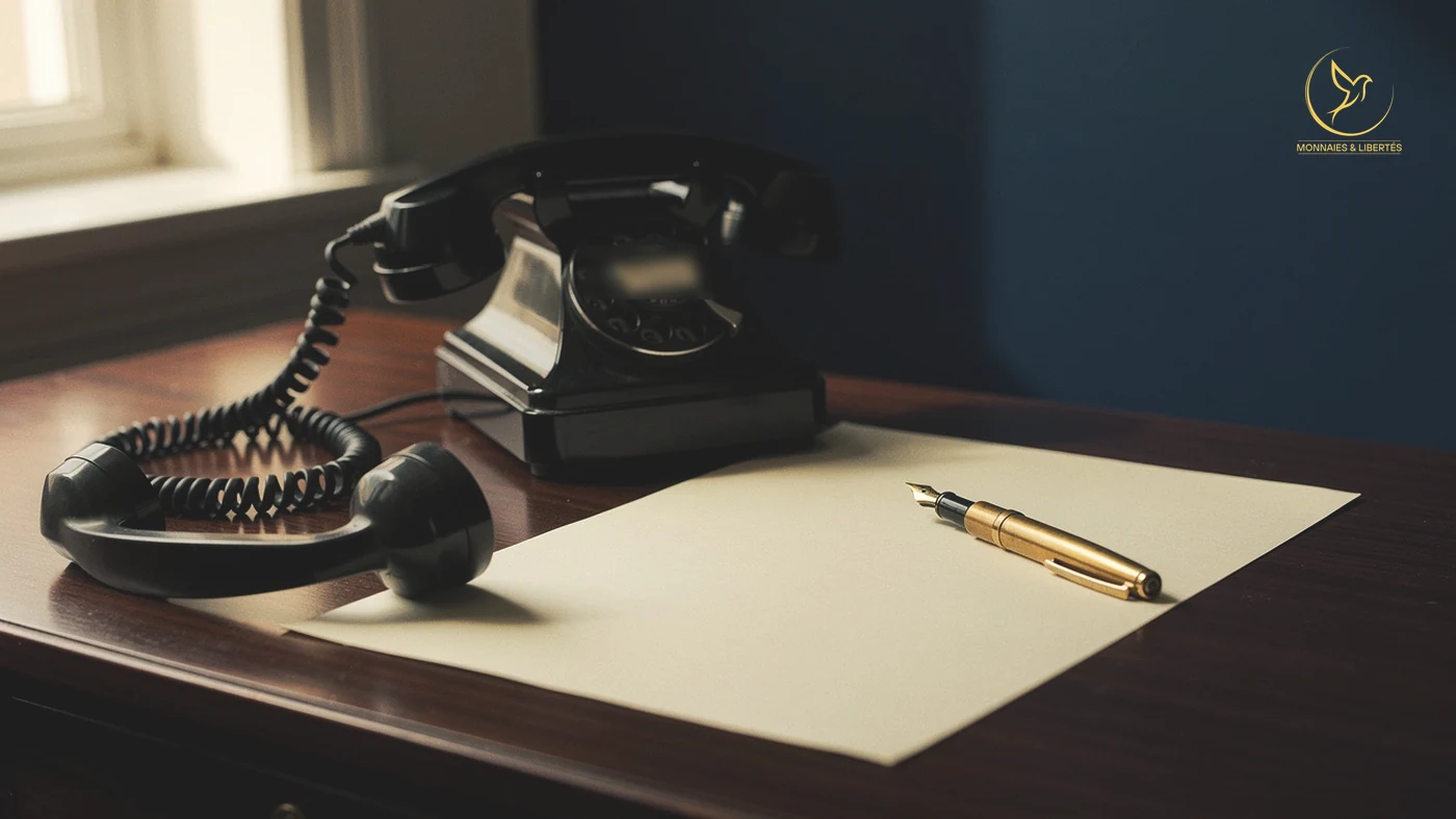 Démarchage téléphonique : le contrat signé après l’appel Combiné de téléphone décroché sur un bureau, à côté d'une feuille vierge et d'un stylo plume doré