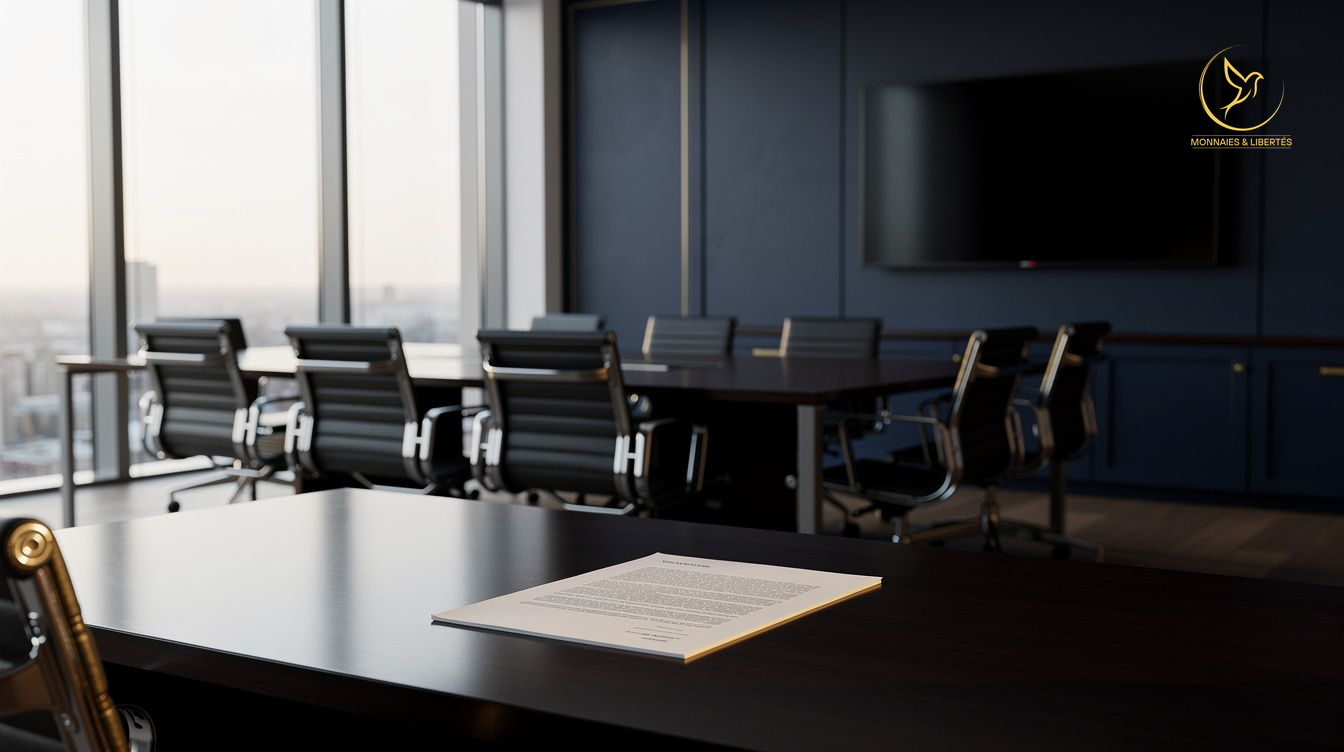 Document posé sur la table d'une salle de conseil déserte, dans la lumière d'une fin de journée