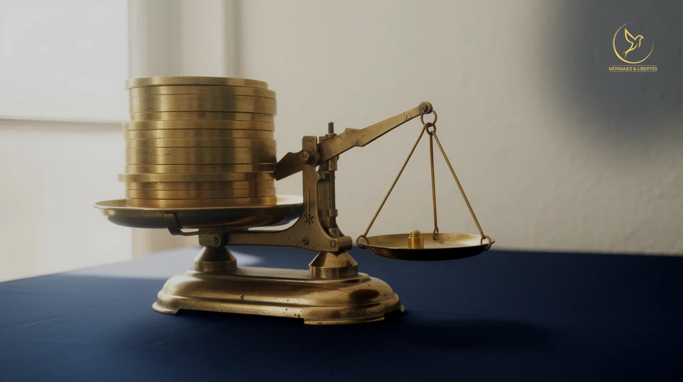 Balance de laiton : quatorze milliards face à la dette américaine Balance ancienne en laiton, un plateau chargé de disques dorés, l'autre portant un seul petit poids