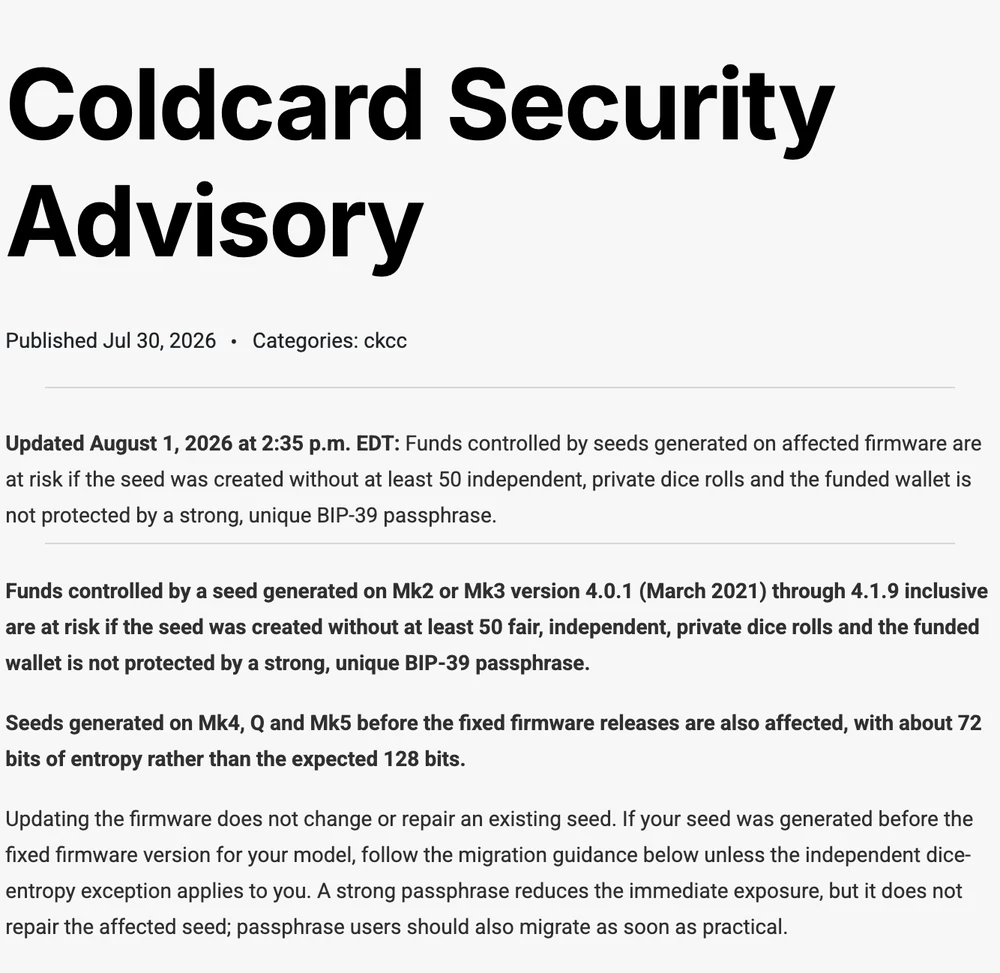 Avis de sécurité Coldcard publié le 30 juillet 2026 et mis à jour le 1er août, mentionnant environ 72 bits d'entropie au lieu des 128 attendus.