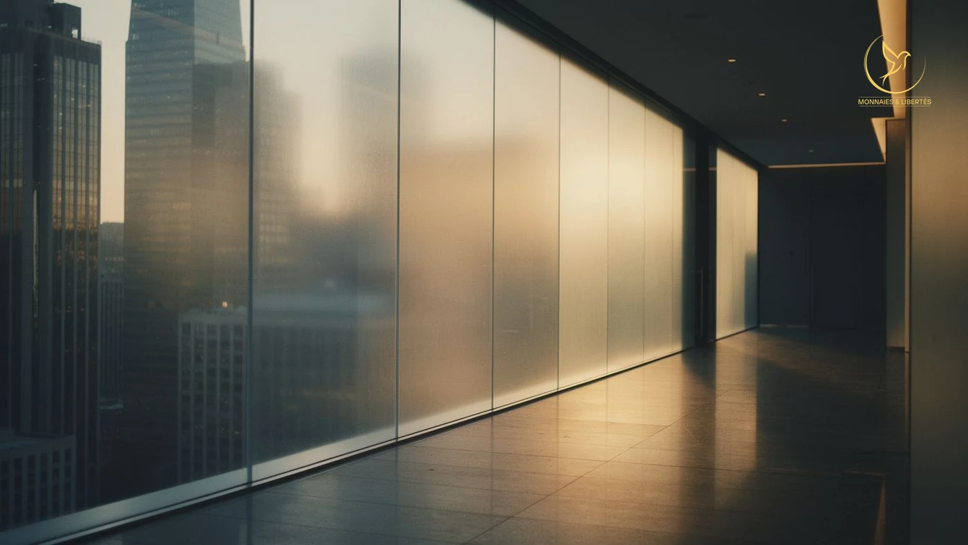 Crypto confidentielle : la paroi de verre à opacité variable Paroi de verre passant de transparente à dépolie dans un couloir d'immeuble financier, image de la confidentialité optionnelle d'une cryptomonnaie
