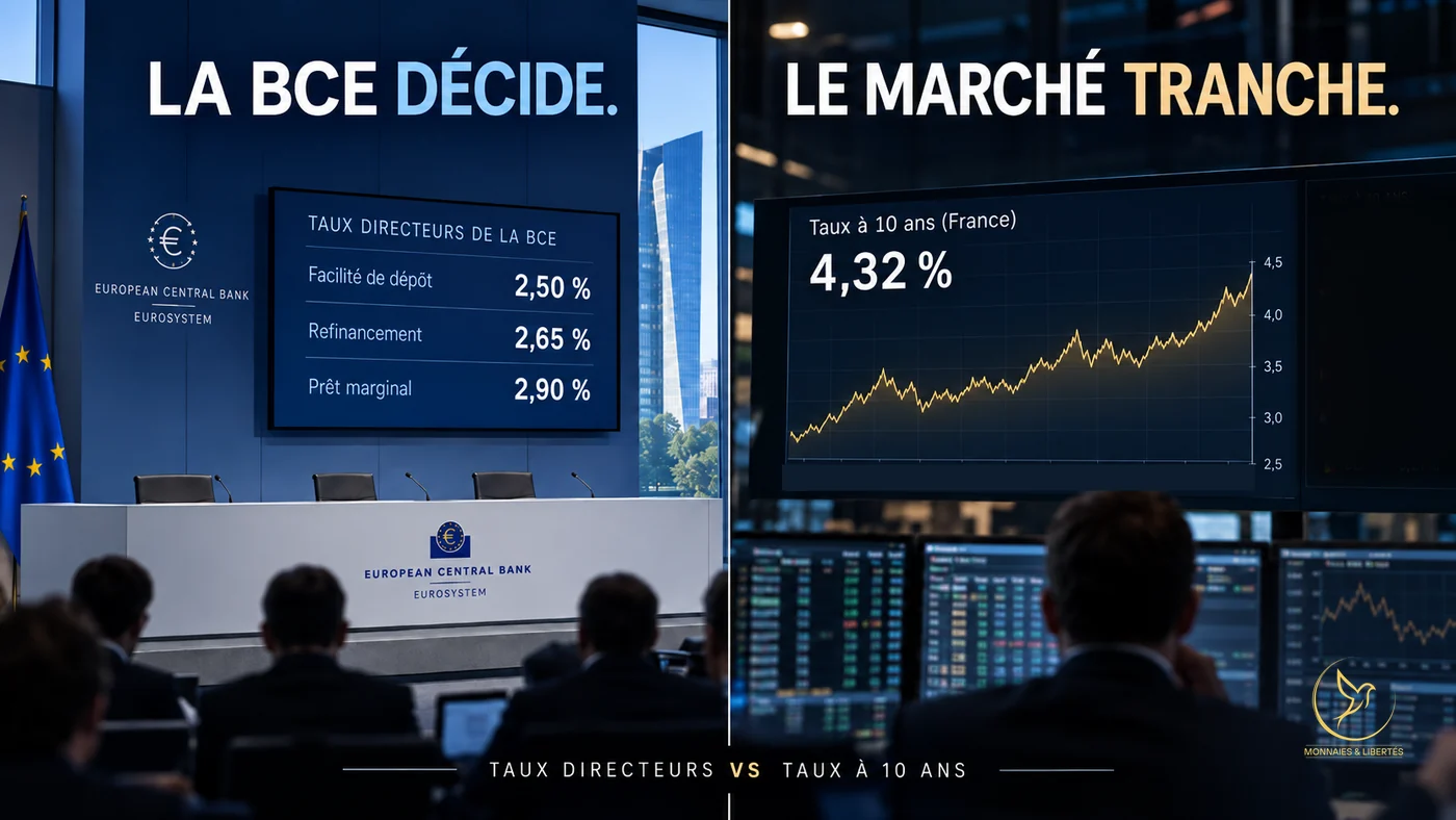 Image en deux volets : la salle de presse de la Banque centrale européenne avec ses trois taux directeurs à 2,50 %, 2,65 % et 2,90 %, et une salle de marché avec la courbe du taux à dix ans français à 4,32 %
