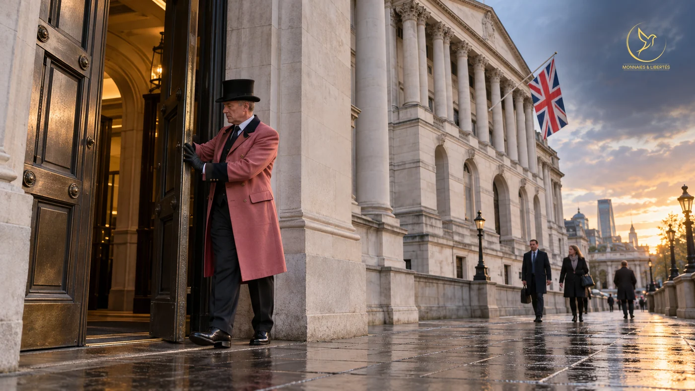 Banque d’Angleterre : la sortie programmée de ses rachats d’obligations d’État Un huissier en livrée referme lentement l'un des battants de la porte de la Banque d'Angleterre, sur Threadneedle Street, dans la City de Londres