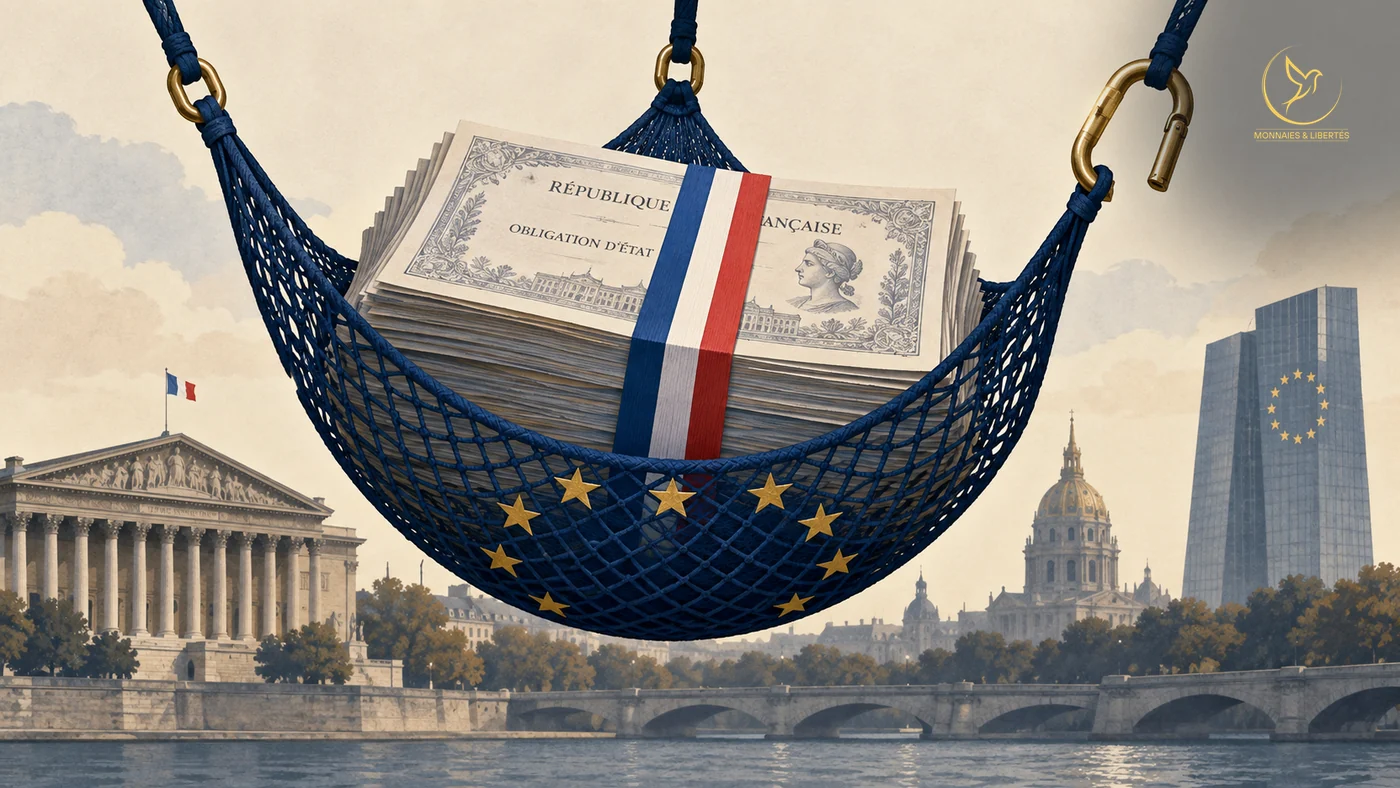 Un filet bleu marqué d'étoiles européennes porte une liasse d'obligations françaises ceinte d'un ruban tricolore ; l'un des mousquetons qui le tiennent est ouvert. Au fond, l'Assemblée nationale, le dôme des Invalides et la tour de la Banque centrale européenne. Texte lisible : « République française », « Obligation d'État ».