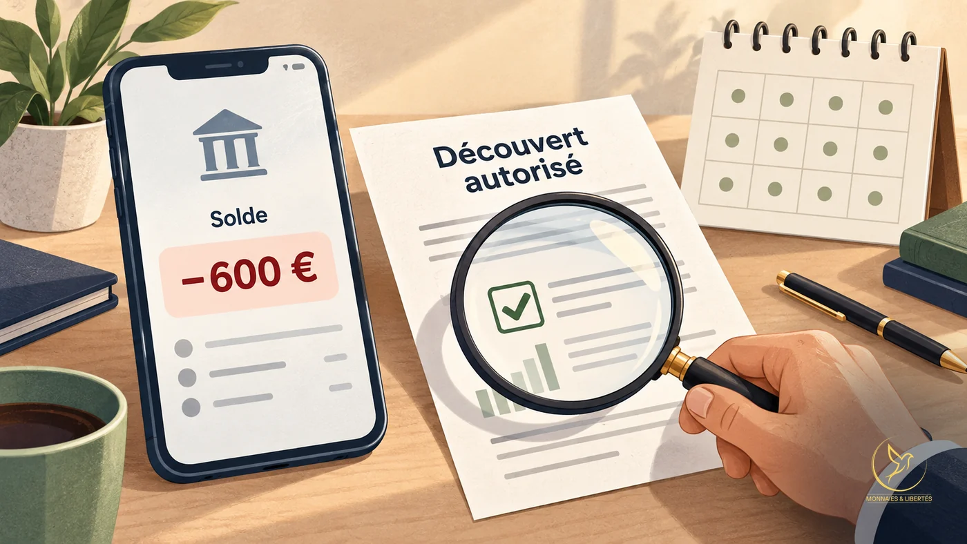 Sur un bureau, un téléphone affiche le solde d'un compte sous zéro, à côté d'une demande de découvert autorisé qu'une main examine à la loupe, une case cochée en vert ; derrière, un calendrier de douze cases. Texte lisible : « Solde », « -600 € », « Découvert autorisé ».