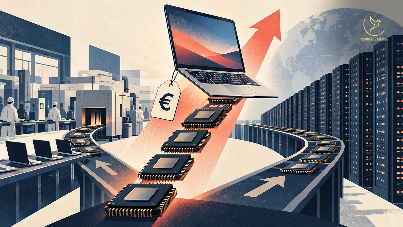 Ordinateur portable avec une étiquette de prix en euros, soulevé par une flèche rouge montante au-dessus d'une file de puces électroniques, entre une usine d'assemblage et les serveurs d'un centre de données. Seul texte lisible : le symbole €.