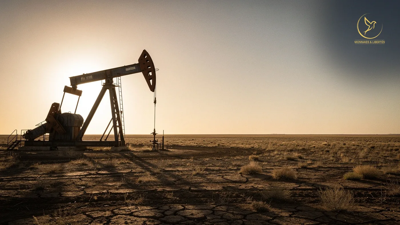Pétrole : la pompe qui n’ajoute plus rien Chevalet de pompage à l'arrêt dans une plaine aride au soleil bas, longue ombre portée sur le sol craquelé, ciel ambre et bleu ardoise