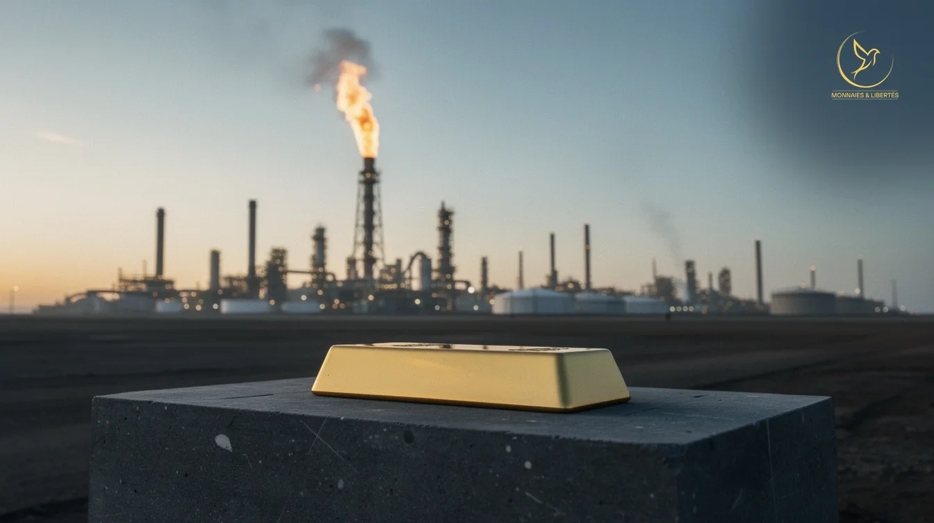 Un lingot d'or posé immobile sur un bloc de basalte au premier plan, une raffinerie avec torchère allumée à l'horizon à l'aube